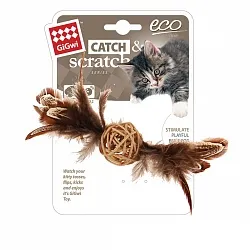 GiGwi Catch&scratch Іграшка для котів плетений м'ячик з дзвіночком і пір'ям