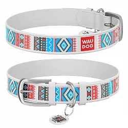 Нашийник для собак шкіряний WAUDOG Design з QR паспортом, малюнок "Етно"