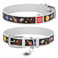 Нашийник для собак шкіряний WAUDOG Design з QR паспортом, малюнок "NASA"