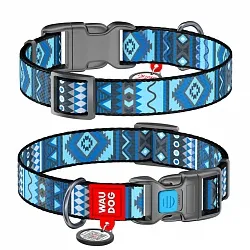 Нашийник для собак нейлоновий WAUDOG Nylon з QR паспортом, малюнок "Етно синій", пластиковий фастекс