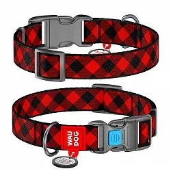 Нашийник для собак нейлоновий WAUDOG Nylon з QR, "Шотландка червона", пластиковий фастекс