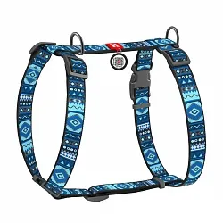 Шлея для собак анатоміча H-подібна WAUDOG Nylon з QR-паспортом, малюнок "Етно синій", пластиковий фастекс